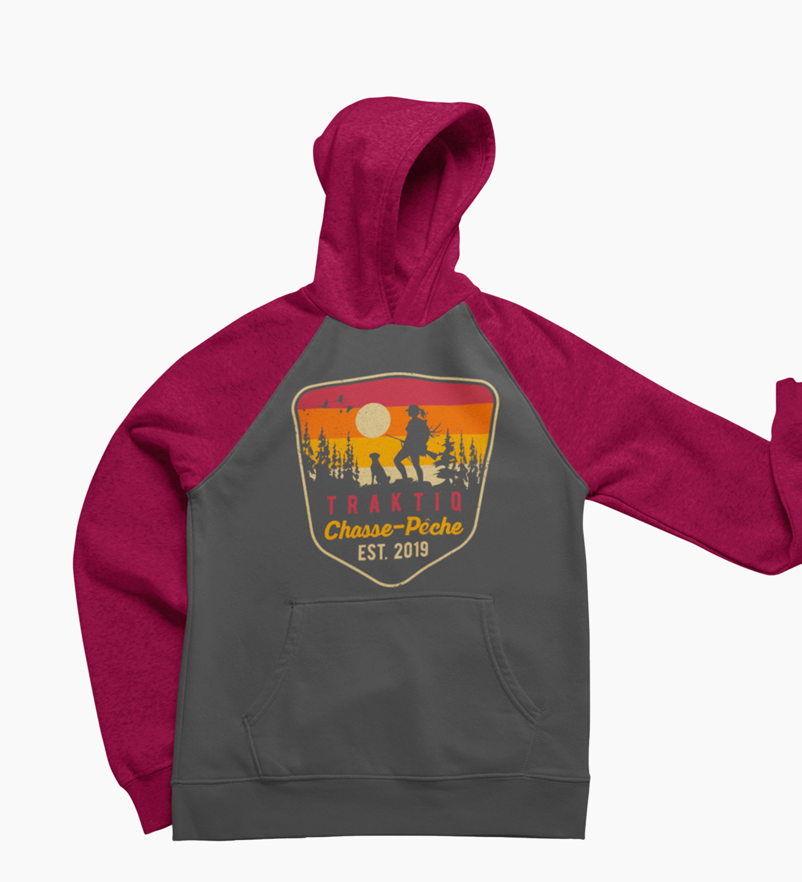 Molleton à capuchon unisexe raglan maron/charcoal logo chasse avec chien