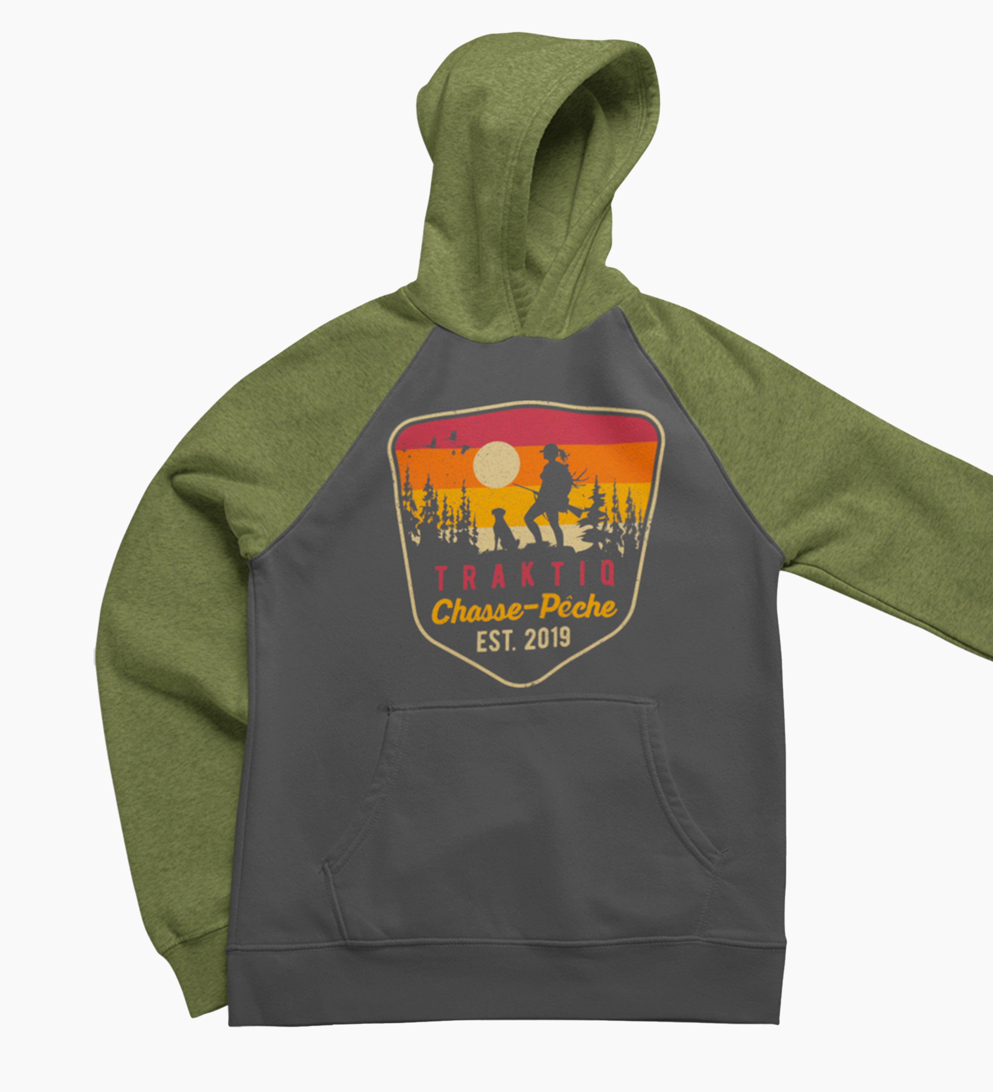 Molleton à capuchon unisexe raglan vert/charcoal logo chasse avec chien femme