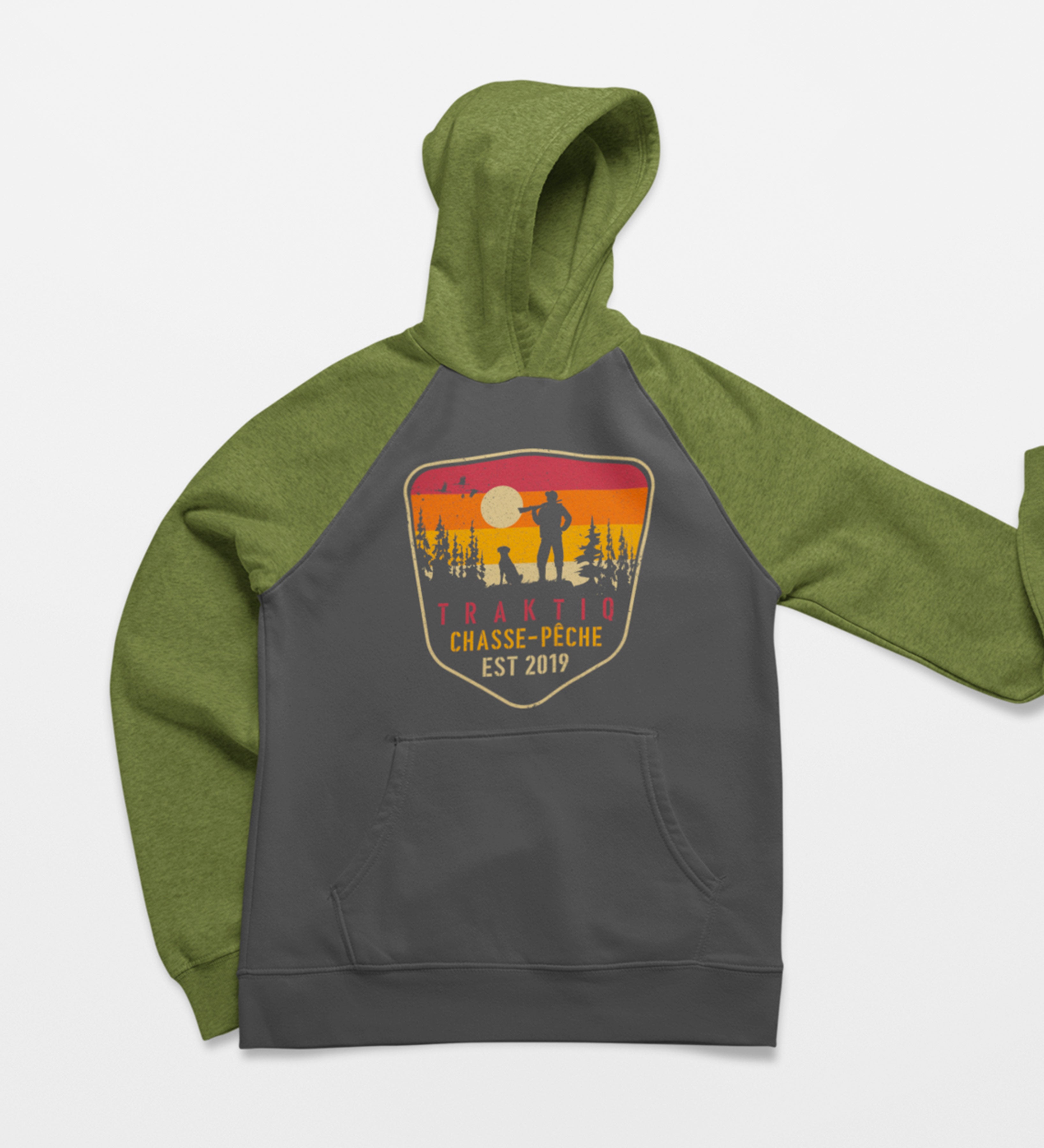 Molleton à capuchon - chasse homme et chien- raglan vert/charcoal