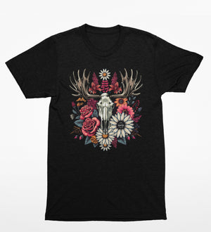 T-Shirt noir - femme - Crâne et fleurs