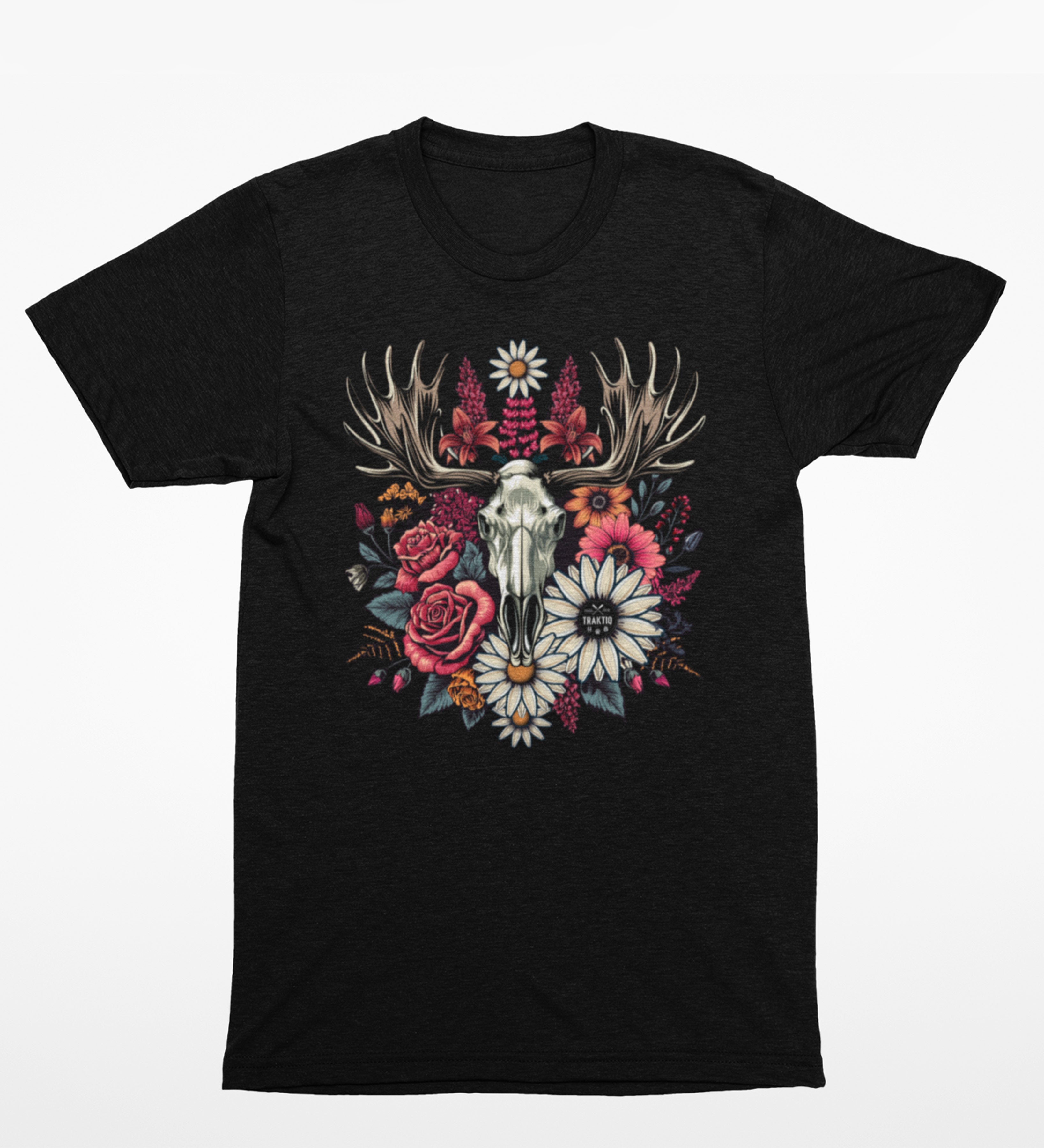 T-Shirt noir - femme - Crâne et fleurs