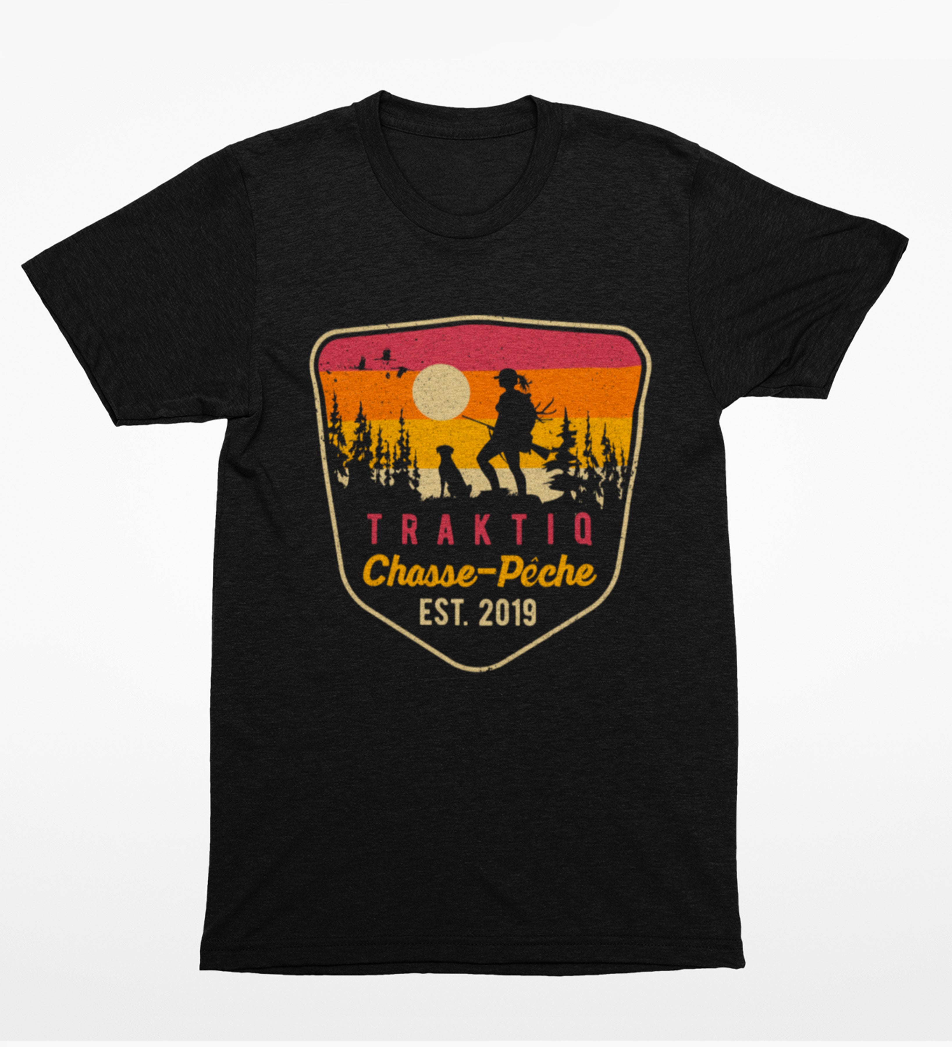 T-Shirt noir - femme - chasseuse avec chien